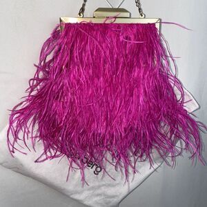 olga berg pink feather handbag with dustbag and chain strap clutch